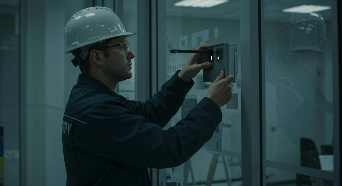 Technik obsługujący panel kontroli dostępu przy szklanych drzwiach.